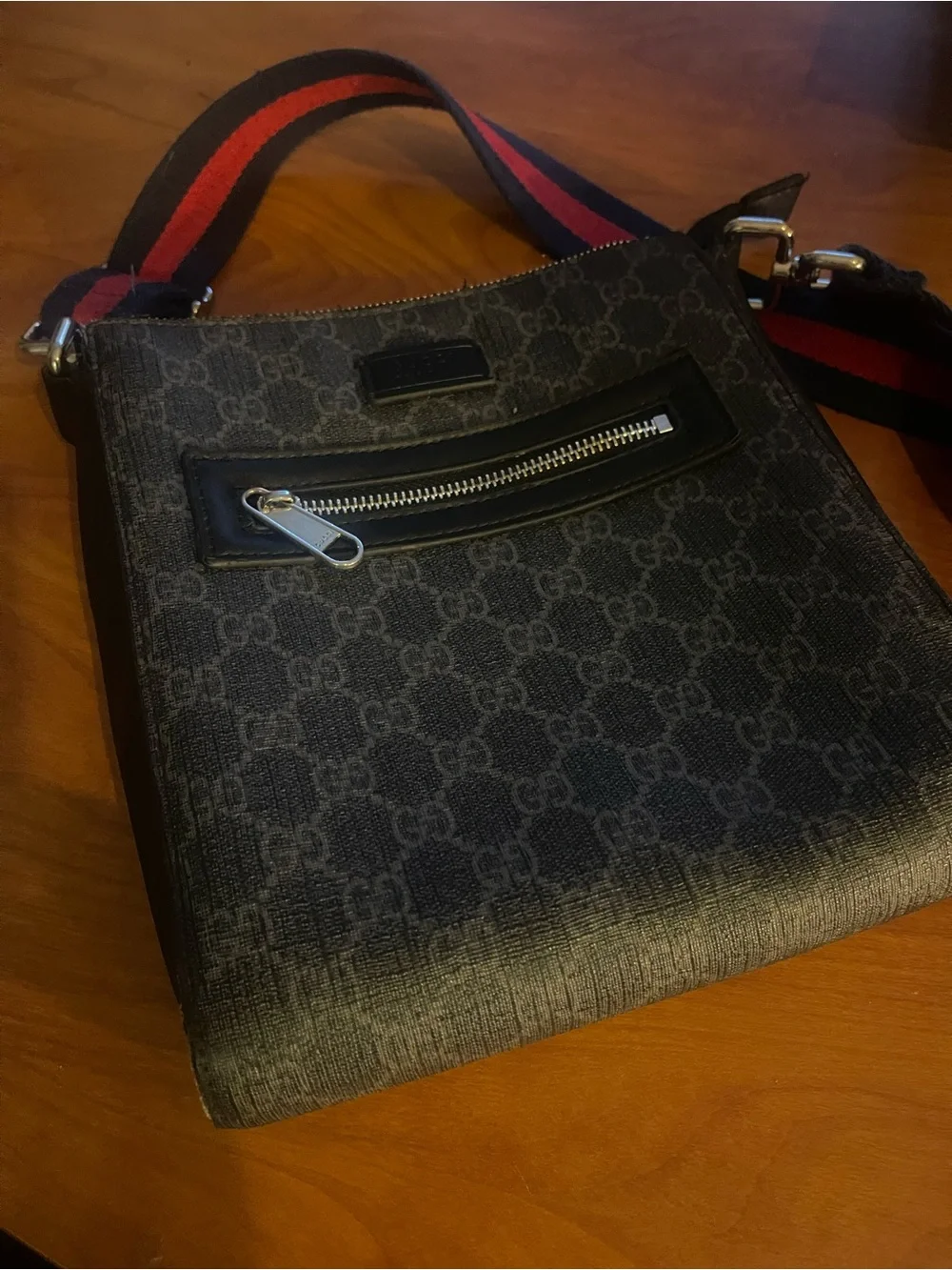 Gucci Navy Monogram Messenger Bag with Red-Blue Web Strap